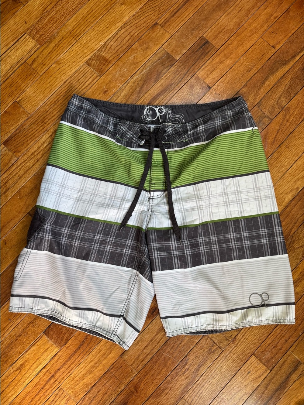 OP Men’s Lime Green, Gray & White Striped Board Shorts